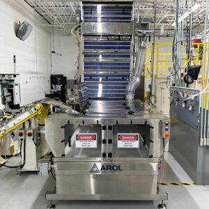 AROL Waterfall Elevator Belt Conveyor with Hopper and Orienter Cap Lid Industry